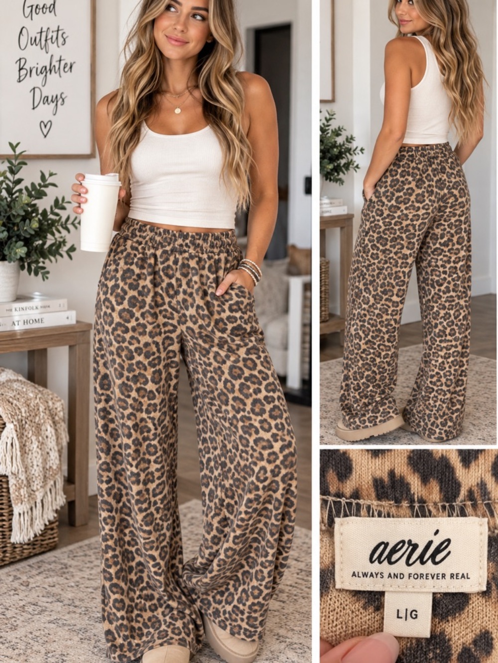 Aerie Leopard Print Wide Leg Pants Tan Brown Black Smocked Waist